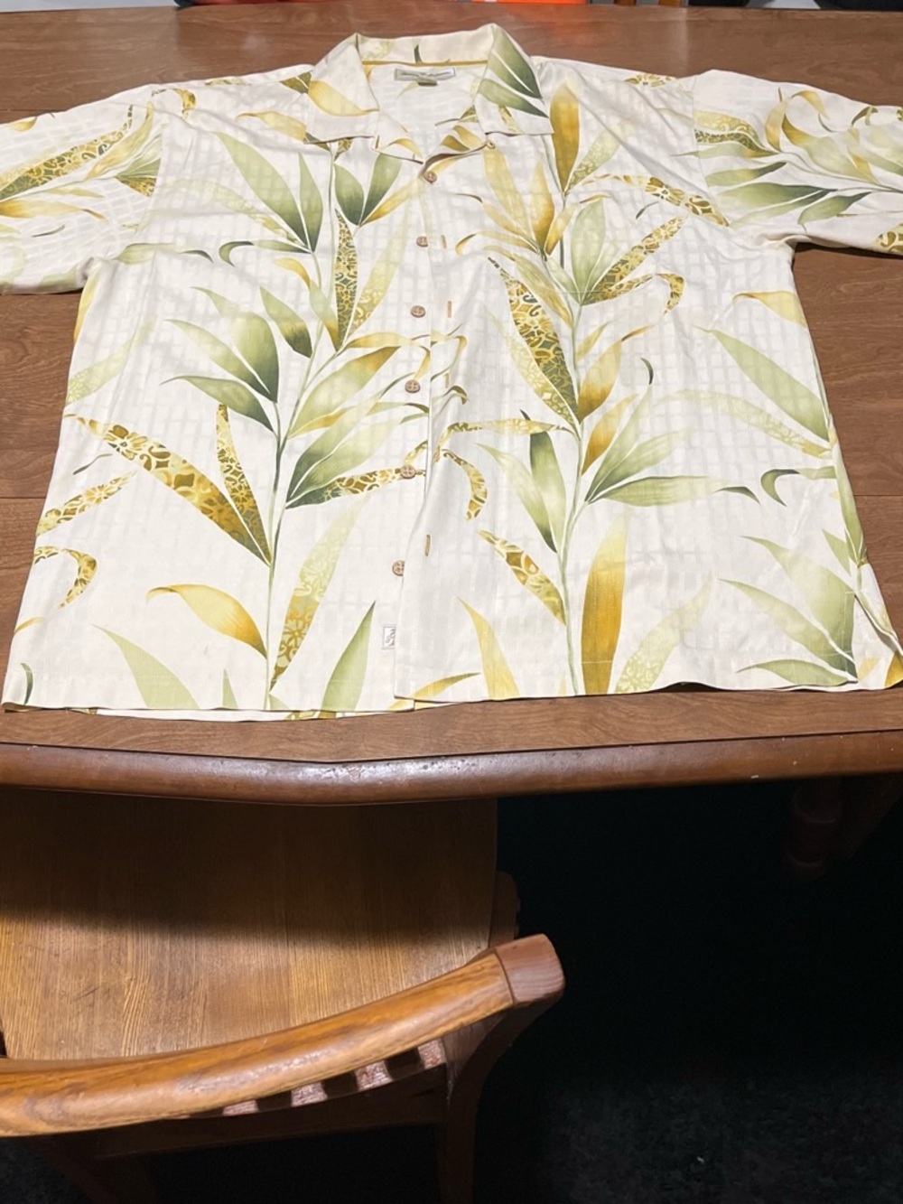 Tommy Bahama Cream Silk Short-Sleeve Shirt with Green Leaf Print